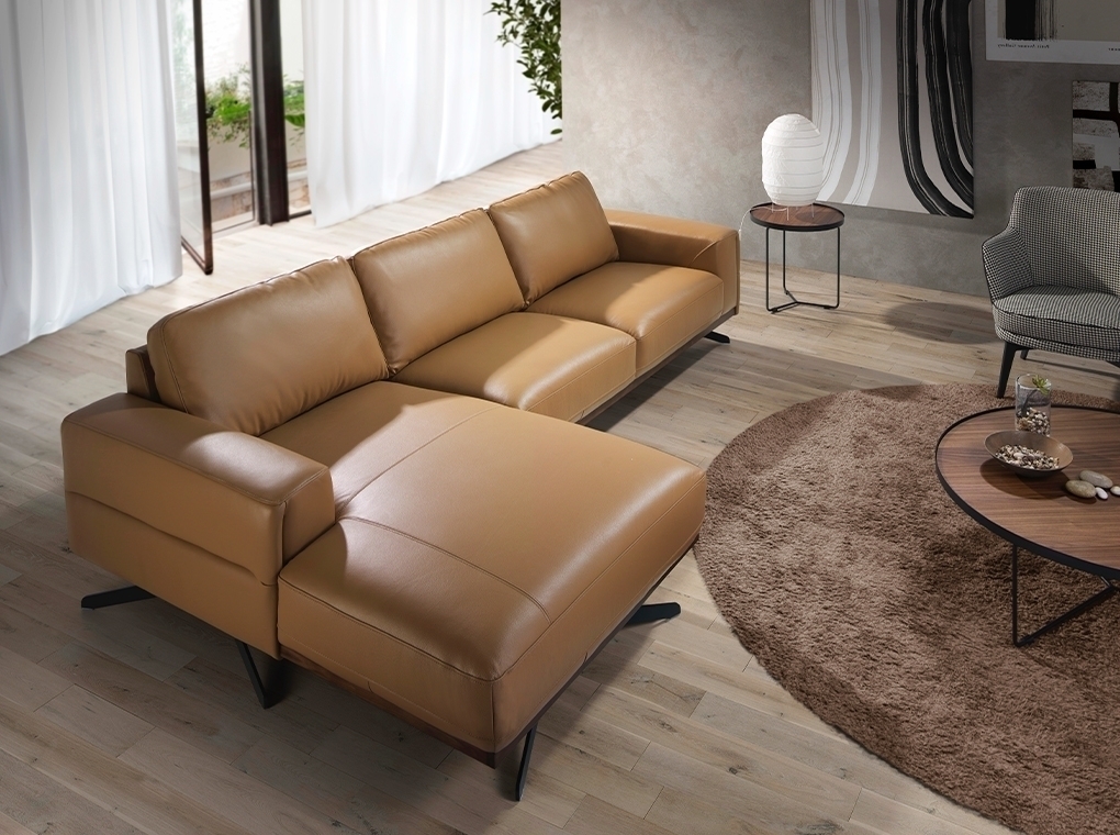 Диван с левым шезлонгом 6161/KF077-L-M5668 кожаный с черными стальными ножками