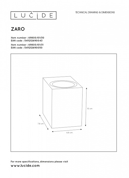 Накладной светильник Lucide Zaro 69800/01/31